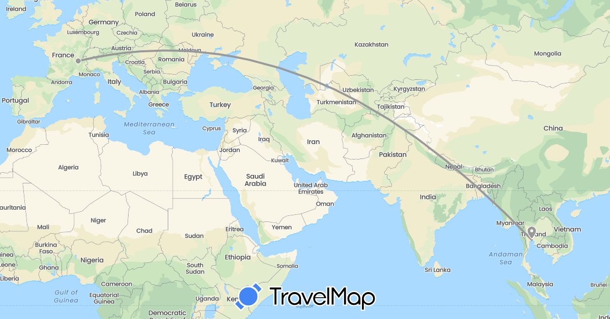 TravelMap itinerary: driving, plane in France, Thailand (Asia, Europe)